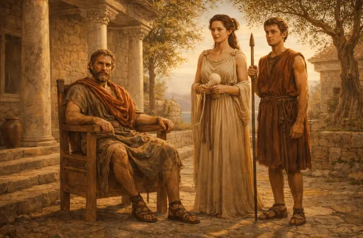 İthaka Kralı Odysseus, eşi Penelope ve oğlu Telemakhos ile birlikte; Antik Yunan’da aile, sadakat ve bekleyiş temasını yansıtan mitolojik sahne.